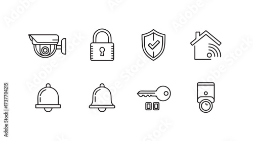 Hand drawn security and smart home icons featuring camera lock shield house bells key and sensor vector