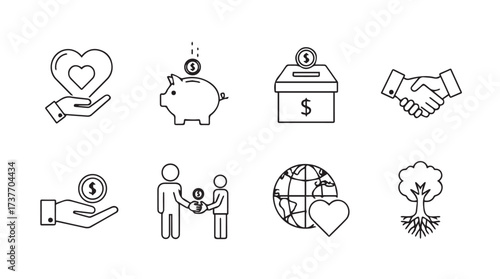Set of hand-drawn charity and donation icons for fundraising and support concepts vector