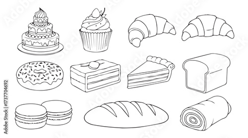 Hand drawn bakery pastries and bread assortment decorative elements for food design vector