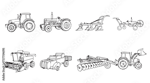 Collection of agricultural tractors and farming equipment line art drawings in sketch style vector