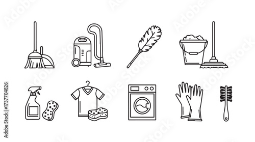 Set of cleaning tools and supplies for home hygiene and housekeeping services icon collection vector