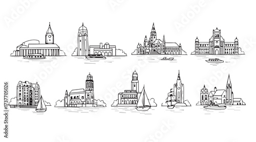 Collection of iconic architectural cityscape landmarks hand drawn sketch style buildings vector