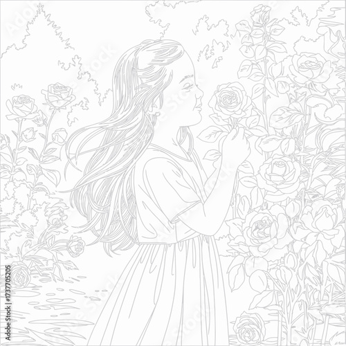 Vector illustration of a young girl enjoying the scent of roses in a lush garden silhouette