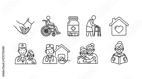 Collection of hand drawn medical and healthcare icons representing senior care and assistance vector