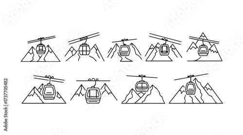 Set of eight hand-drawn line art cable car icons in various mountain landscapes vector