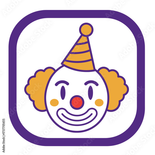 Playful clown face with party hat and curly hair in bright colors  
