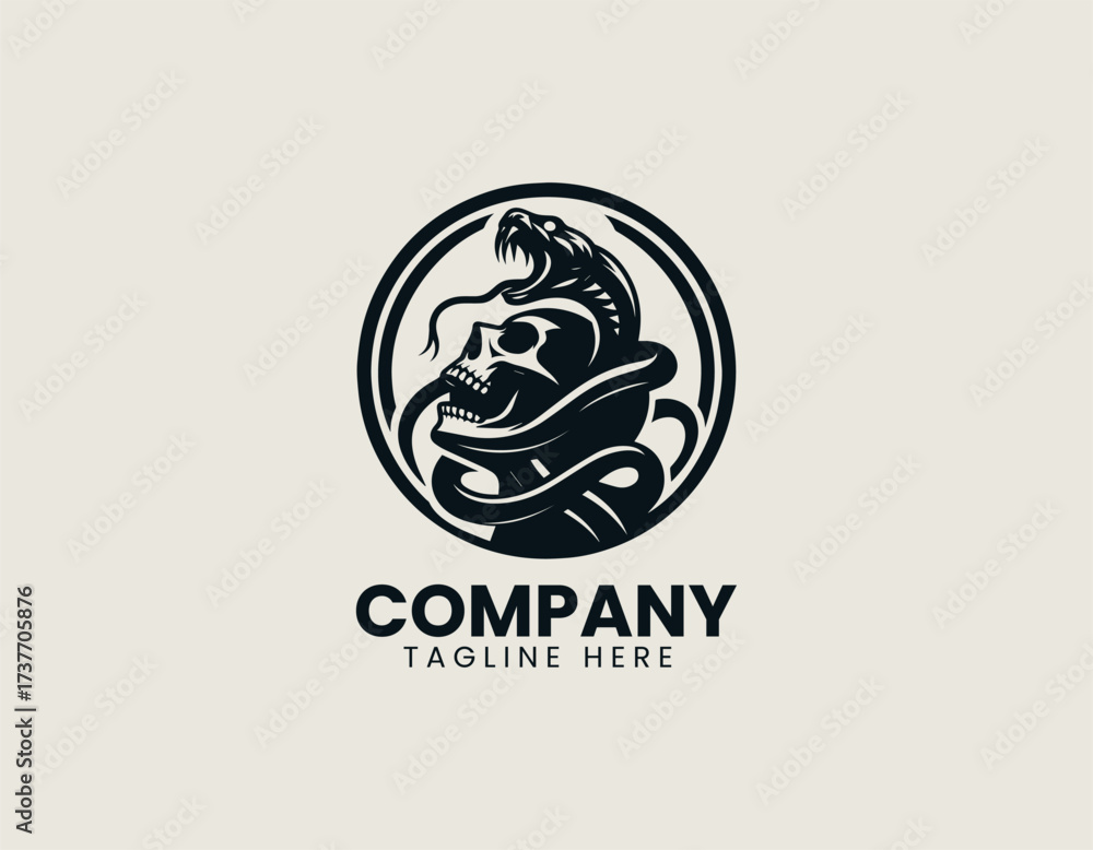 Fototapeta premium Snake Wrapped Around Skull vector logo illustration