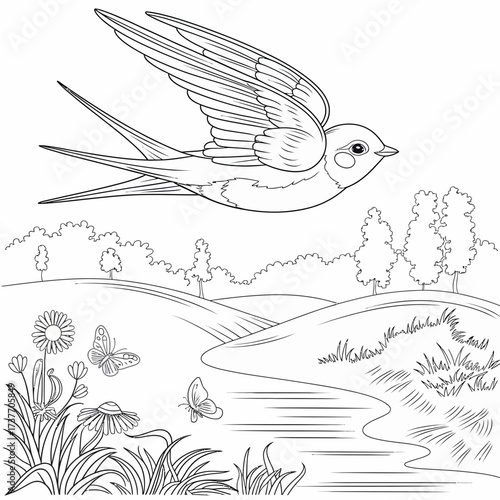 Vector illustration of a graceful swallow in flight over a picturesque landscape silhouette