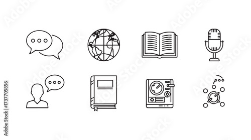 Hand-drawn icons representing communication education technology and media concepts with artistic flair vector