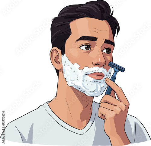 Illustration of a young man shaving with a modern disposable safety razor, isolated on white background