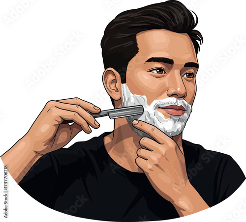Illustration of a young man shaving with a vintage razor, isolated on white background