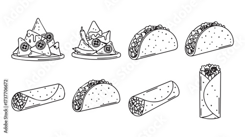 Collection of hand-drawn mexican food icons including tacos burritos and enchiladas sketch style vector