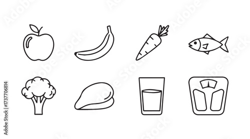 Healthy eating icons collection apple banana carrot fish broccoli chicken water scale simple doodle style vector