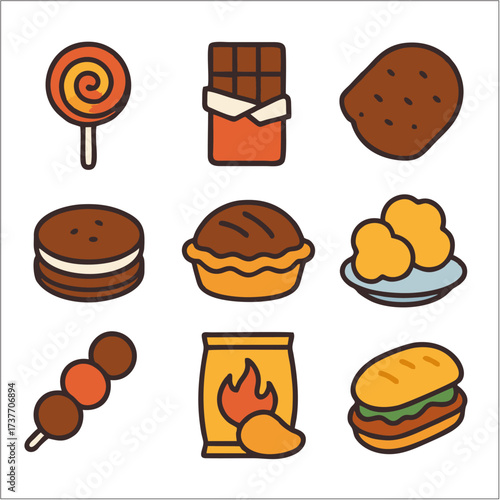 Flat Icon Set, Junk Food, Snacks & Fast Treats Symbols