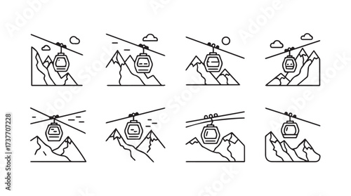 Set of cable car icons depicting mountainous landscapes and aerial transport systems vector
