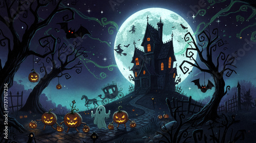 Halloween illustration featuring a haunted house, full moon, pumpkins, ghosts and bats