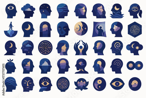 Surreal Mind Icons Set – Abstract Psychology, Meditation, and Consciousness Symbols