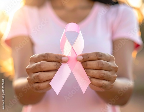 Woman Holding Pink Ribbon – Awareness Symbol