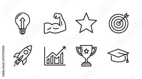 Hand-drawn icons representing success motivation achievement business growth and ideas vector