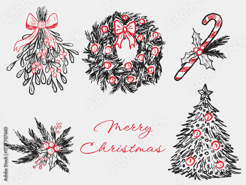 Hand drawn Christmas tree decorations, wreath, winter bouquet, candy cane. Vector sketch illustration in vintage crayon charcoal style. Merry Christmas greeting card
