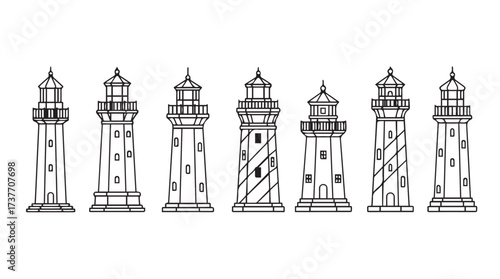 Collection of diverse lighthouses hand drawn sketch style nautical navigation symbols vector