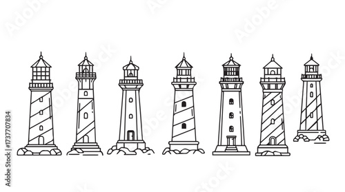 Collection of diverse hand drawn lighthouse designs featuring nautical coastal and maritime elements vector