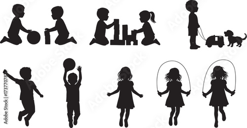 Children, silhouette, play, activity, ball, dog, jump, rope, walk, fun, outdoor, indoor, black, figure, motion, group, cartoon, vector, isolated, childhood, recreation, movement