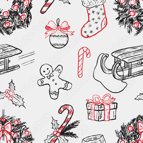 Hand drawn winter Christmas seamless pattern with sled, gingerbread cookie, christmas tree wreath, gift box, stiped candy cane, stocking. Vector sketch illustration in vintage crayon charcoal style