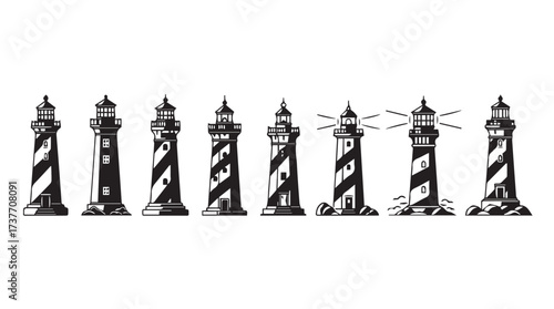Collection of vintage lighthouse icons isolated on nautical navigation symbols vector