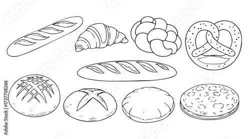 Artistic sketch collection of freshly baked artisan bread and pastries variety vector