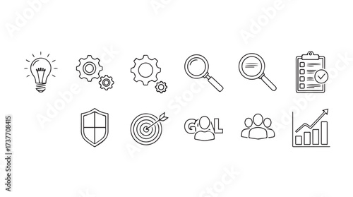 Business icons set conceptualizing strategy growth innovation and security business icons vector