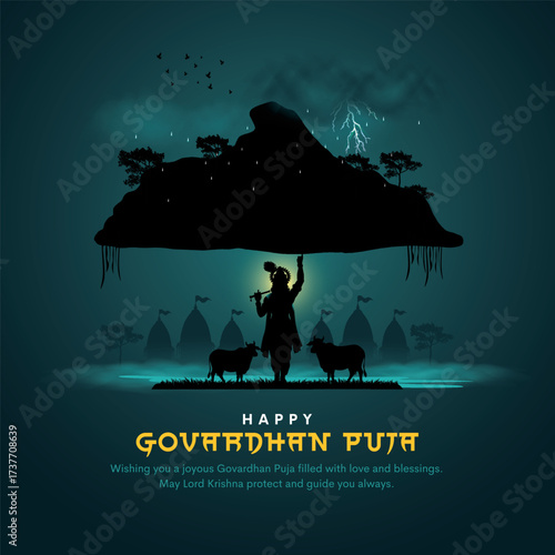 Indian religious festival happy Govardhan Puja Hindu festival Greeting background with Silhouette illustration of Lord Krishna lifting hill.