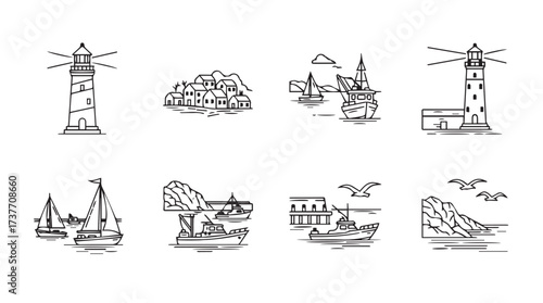 Collection of eight nautical themed sketch style drawings for coastal and maritime projects vector