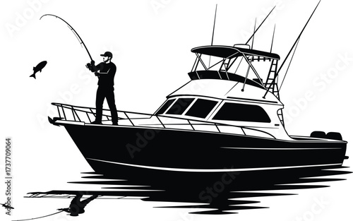 Silhouette of a lone fisherman on a sportfishing boat reeling in a jumping fish, capturing the thrill of ocean angling adventure.