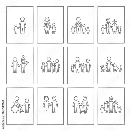 A collection of twelve simple black and white family illustrations on individual white cards