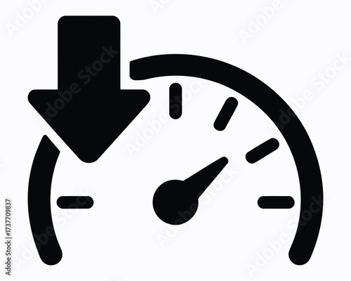 Decrease and Reduction Indicator Meter Showing Decline, Decrease Speed, or Loss Indicated by Downward Arrow and Gauge Displaying Negative Performance