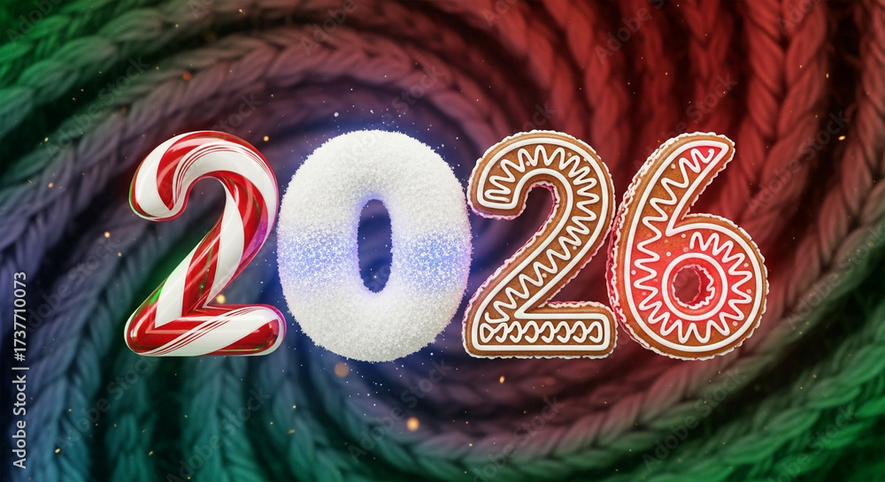 Obraz premium Festive 2026 numbers decorated with candy cane and gingerbread against a swirling colorful background. 2026 festival multicolor 3d text. 2026 happy new year vibe. 