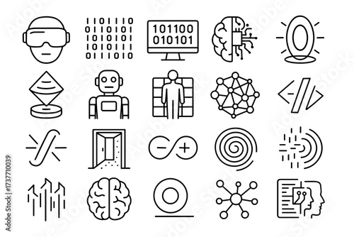 Artificial Intelligence and Technology Icons Set – Machine Learning, Neural Network, Coding, Virtual Reality