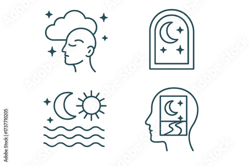 Dream Symbols Icon Set — Night Sky, Moon, Mind, Sleep, Consciousness