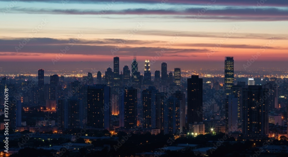 Obraz premium Cityscape at twilight with skyscrapers against a colorful, cloudy sky