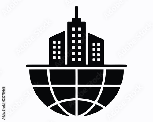 Global Urbanization Icon Showing Buildings Resting on a Globe Representing Worldwide Development and Metropolitan Growth, International Business and Collaboration