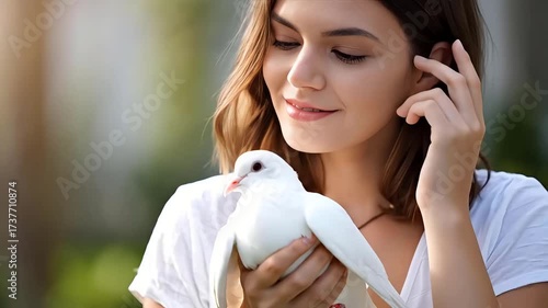Gentle young woman holding pure white dove bird with soft sunlight and blurred green background