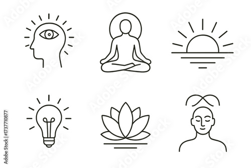 Mindfulness and Enlightenment Line Icons — Meditation, Awakening, and Inner Peace