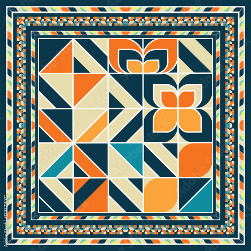 Retro geometric scarf pattern design featuring squares, circles, and triangles in a mid century modern color palette of blue, orange, and yellow, abstract background with vintage design elements.