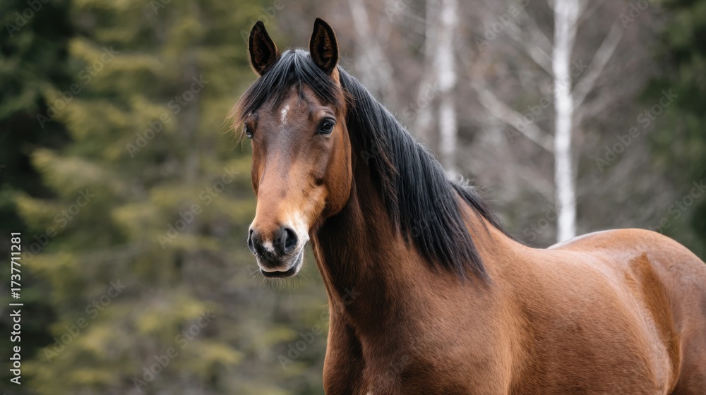 Fototapeta premium Majestic Brown Horse Stands Gracefully in Lush Green Forest Scene