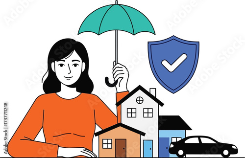 Woman with umbrella protecting houses and car, symbolizing insurance and security