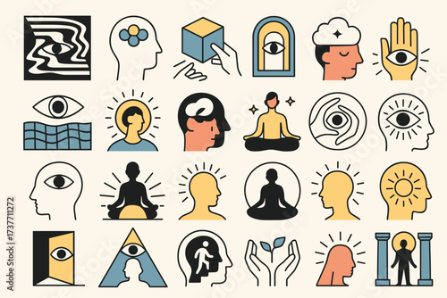 Colorful Icon Set on Mindfulness, Awareness, and Human Consciousness