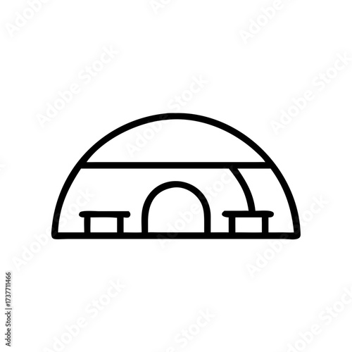 Simple line drawing of a geodesic dome habitat with seating  