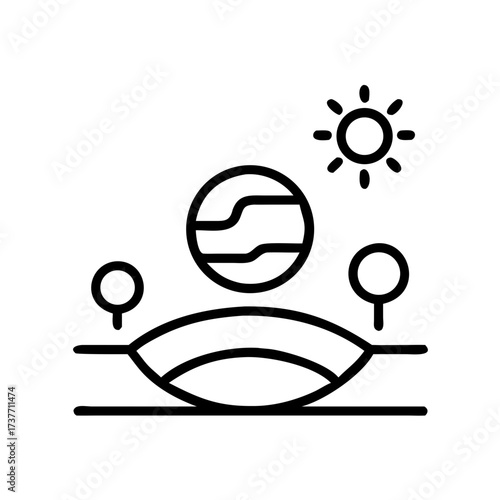 Line art illustration of planet with trees and sun in nature  