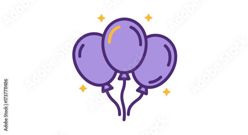 Three purple balloons with stars in flat design style  